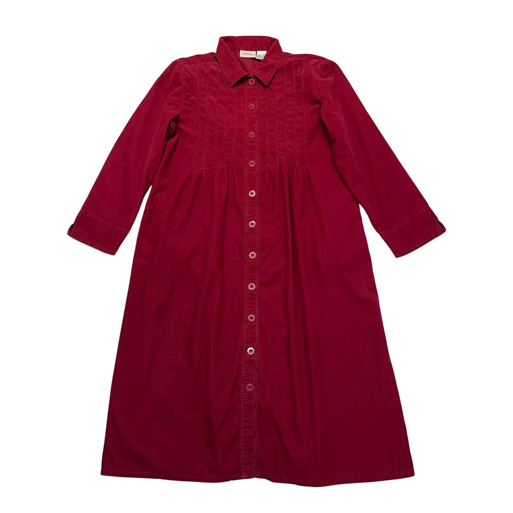 Vermont Country Store Red Corduroy 100% Cotton Pintuck Long Sleeve Midi Dress L